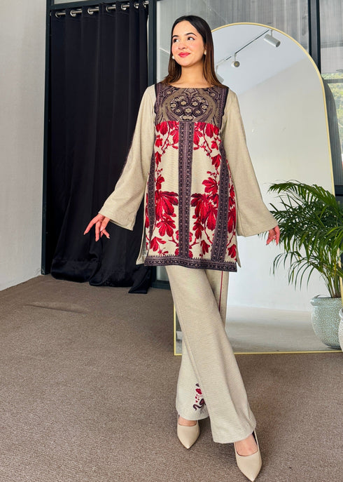 Noor Red Beige Winter Floral Kurta Set